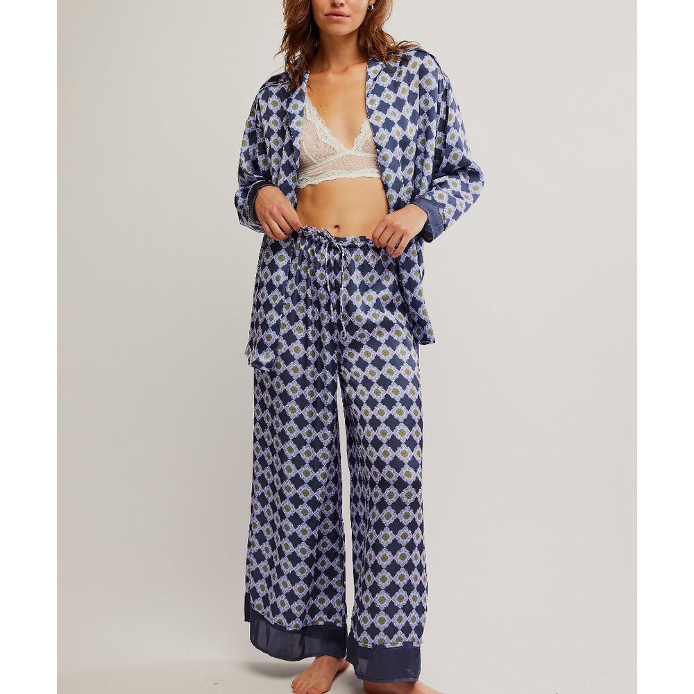 Free People Navy & Light Blue Geometric Satin Pajama Set